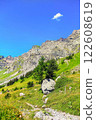 Swiss Alpine landscape with green grass slope against the backdr 122608619
