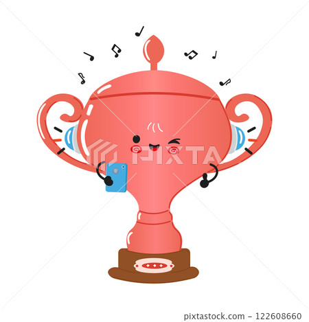 Bronze Trophy Cup Character Enjoying Music. Cute Bronze Trophy Cup with Headphones and Smartphone 122608660