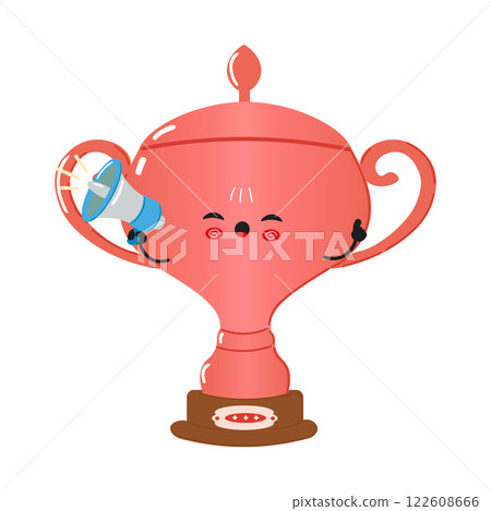Cheerful Bronze Trophy Cup Character. Cute Bronze Trophy Cup with Megaphone for Celebration 122608666