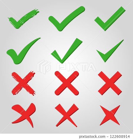 Vector icons colored green and red tick and crosses in different styles for web design and internet 122608914
