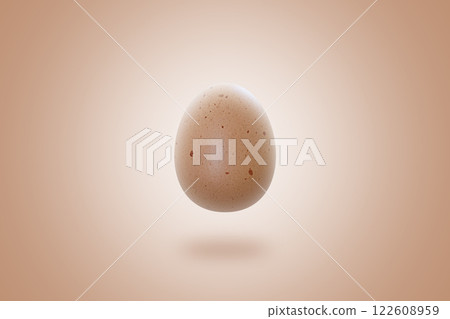Single speckled brown egg floating against soft beige gradient background, creating minimalistic and conceptual composition with copy space 122608959