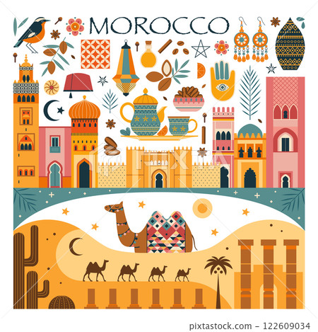 Travel Morocco Poster with Moroccan Symbols Travel Morocco Poster with Moroccan Symbols 122609034