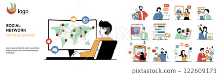 Social network concept with character situations mega set in flat web design. Bundle of scenes people communicating online, surfing profiles, likes photo, sharing links to posts. Vector illustrations. 122609173