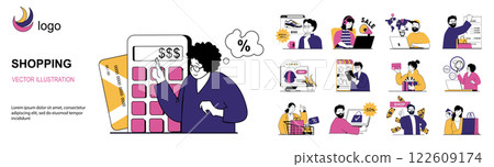 Shopping concept with character situations mega set in flat web design. Bundle of scenes people ordering and buys in online store, pays with credit cards in mobile application. Vector illustrations. 122609174