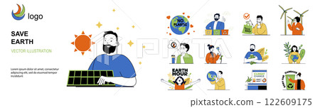 Save Earth concept with character situations mega set in flat web design. Bundle of scenes people collecting and separating garbage, protecting nature, using eco technology. Vector illustrations. 122609175
