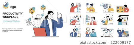 Productivity workplace concept with character situations mega set in flat web design. Bundle of scenes people organizing schedule, planning tasks, managing time with checklists. Vector illustrations. 122609177