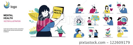 Mental health concept with character situations mega set in flat web design. Bundle of scenes people with emotion problems and positive feeling, consulting with psychologist. Vector illustrations. 122609179