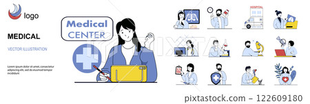 Medical concept with character situations mega set in flat web design. Bundle of scenes people visiting doctor for diagnostics, making x-ray and health checkup tests in clinic. Vector illustrations. 122609180