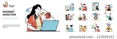 Internet addiction concept with character situations mega set in flat web design. Bundle of scenes people have bad habit to internet surfing, overload and screen time problem. Vector illustrations. 122609181