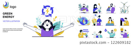 Green energy concept with character situations mega set in flat web design. Bundle of scenes people using alternative energy sources and smart eco technology, saving nature. Vector illustrations. 122609182