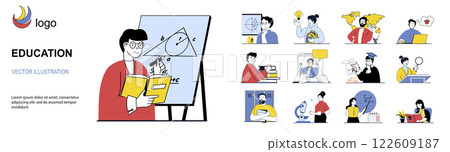 Education concept with character situations mega set in flat web design. Bundle of scenes people learning at online course, training at seminars, listening lessons with sciences. Vector illustrations. Education concept with character situations mega set in flat web design. Bundle of scenes people learning at online course, training at seminars, listening lessons with sciences. Vector illustrations. 122609187