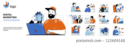 Digital marketing concept with character situations mega set in flat web design. Bundle of scenes people creating promote strategy, making online advertising with customer gifts. Vector illustrations. Digital marketing concept with character situations mega set in flat web design. Bundle of scenes people creating promote strategy, making online advertising with customer gifts. Vector illustrations. 122609188