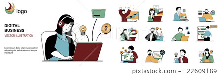Digital business concept with character situations mega set in flat web design. Bundle of scenes people creating marketing strategy, analyzing data, making e-commerce shop. Vector illustrations. 122609189