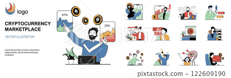 Cryptocurrency marketplace concept with character situations mega set in flat web design. Bundle of scenes people mining bitcoins, trading at currency exchanges, earning money. Vector illustrations. 122609190
