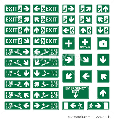 Set of safety signs exit signs. Set of emergency exit signs 122609210
