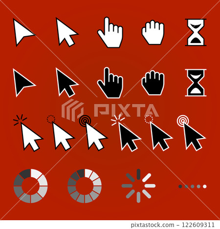 Web arrows cursors, mouse clicking and grab hand pixel icon Web arrows cursors, mouse clicking and grab hand pixel icon 122609311