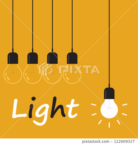 Hanging light bulbs with glowing one on a yellow background Hanging light bulbs with glowing one on a yellow background 122609327