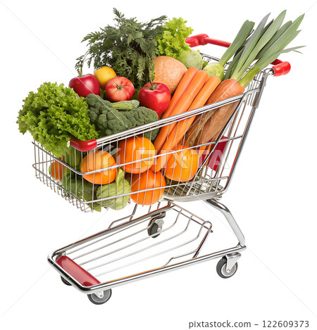 shopping cart with vegetables and fruit no background in PNG format. 122609373