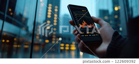 Hand holding smartphone showing declining stock market chart, symbolizing financial risks, investment losses 122609392
