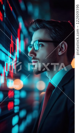 Focused trader in business suit analyzes financial data on digital screen. Investment strategy, stock market expertise, and real-time decision-making 122609396