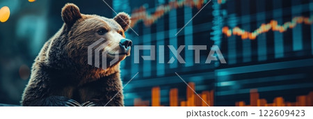 Bear with stock charts in background, representing market downturns, financial corrections, risk, crash, and cautious investor sentiment. 122609423