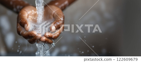 A child in a developing country scoops up water 122609679