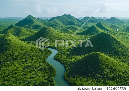 Serene Green Hills and Winding River Landscape for Nature Photography and Print Design Generative AI 122609789