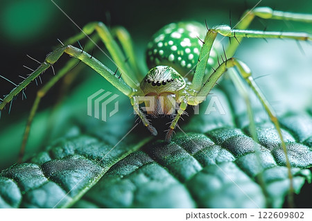 Vibrant Green Spider on Leaf - Nature Macro Photography for Educational and Decorative Use Generative AI 122609802