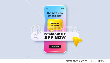 Massive savings tag. Phone mockup screen. Download the app now. Special offer price sign. Advertising discounts symbol. Phone download app search bar. Massive savings text message. Vector 122609889