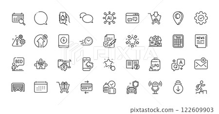 Messenger, Speech bubble and Execute line icons pack. AI, Question and Answer, Map pin icons. Home moving, Credit card, Shopping web icon. Auction, Loan percent, Quick tips pictogram. Vector 122609903