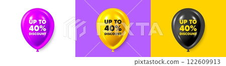 Birthday balloons 3d icons. Up to 40 percent discount. Sale offer price sign. Special offer symbol. Save 40 percentages. Discount tag text message. Party balloon banners with text. Vector 122609913