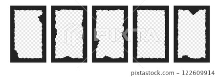 Set of black rectangle shape frames with jagged edges and empty transparent space inside Set of black rectangle shape frames with jagged edges and empty transparent space inside 122609914