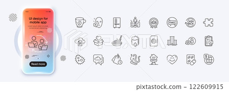 Fake news, World money and Time management line icons for web app. Phone mockup gradient screen. Pack of Smile face, Augmented reality, University campus pictogram icons. Vector 122609915