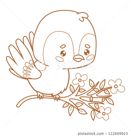 Outline cartoon sparrow on blooming branch. Funny kawaii character little bird. Line drawing, coloring book. Vector illustration Outline cartoon sparrow on blooming branch. Funny kawaii character little bird. Line drawing, coloring book. Vector illustration 122609923