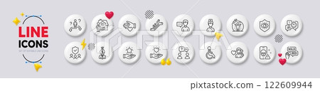 Time management, Hold heart and Escalator line icons. White buttons 3d icons. Pack of Vaccine protection, Business choice, Man love icon. Doctor, Manager, Teamwork questions pictogram. Vector 122609944