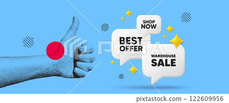 Hand showing thumb up like sign. Warehouse sale tag. Special offer price sign. Advertising discounts symbol. Warehouse sale chat 3d speech bubble. Grain dots hand. Like thumb up sign. Shop now. Vector 122609956