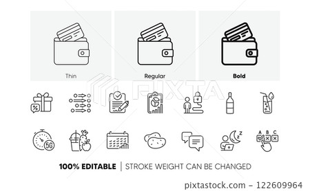Potato, Calendar graph and Juice line icons. Pack of Rfp, Water glass, Debit card icon. Sale gift, Correct checkbox, Dots message pictogram. Lock, Order, Wine bottle. Report, 5g internet. Vector Potato, Calendar graph and Juice line icons. Pack of Rfp, Water glass, Debit card icon. Sale gift, Correct checkbox, Dots message pictogram. Lock, Order, Wine bottle. Report, 5g internet. Vector 122609964