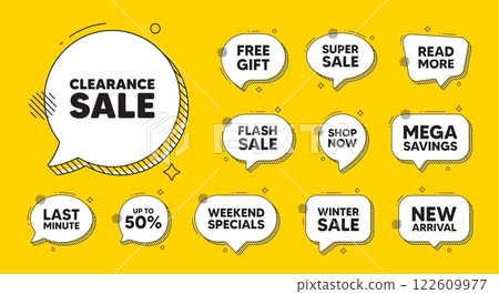 Offer speech bubble icons. Clearance sale tag. Special offer price sign. Advertising discounts symbol. Clearance sale chat offer. Speech bubble discount banner. Text box balloon. Vector 122609977