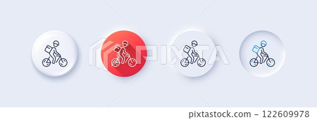 Delivery bike line icon. Neumorphic, Red gradient, 3d pin buttons. Bicycle courier sign. City transport symbol. Line icons. Neumorphic buttons with outline signs. Vector 122609978