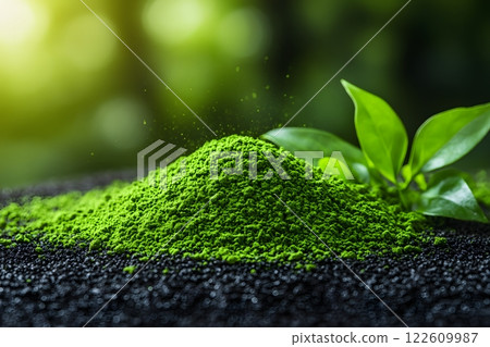 Green Tea Powder and Leaves with Sunlit Background for Health and Wellness Generative AI Green Tea Powder and Leaves with Sunlit Background for Health and Wellness Generative AI 122609987