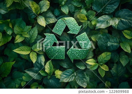 Sustainable Eco-Friendly Concept: Recycling Symbol on Lush Green Leaves Background for Environmental Awareness Generative AI 122609988