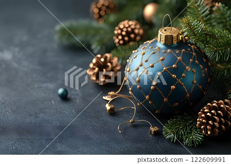 Elegant Blue Christmas Ornament with Pine Cones for Holiday Decor Design Generative AI 122609991