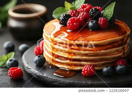 Delicious Stack of Pancakes with Berries and Maple Syrup - Perfect for Breakfast and Food Photography Generative AI 122610047
