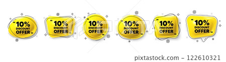 10 percent discount tag. Speech bubble 3d icons set. Sale offer price sign. Special offer symbol. Discount chat talk message. Speech bubble banners with comma. Text balloons. Vector 122610321