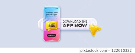 Download the app now. Phone mockup screen. Sale 40 percent off discount. Promotion price offer sign. Retail badge symbol. Phone download app search bar. Sale text message. Vector 122610322