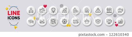 Warning, Search flight and Air balloon line icons. White buttons 3d icons. Pack of Wholesale goods, Baggage, Car charging icon. Food delivery, Online storage, Handbag size pictogram. Vector Warning, Search flight and Air balloon line icons. White buttons 3d icons. Pack of Wholesale goods, Baggage, Car charging icon. Food delivery, Online storage, Handbag size pictogram. Vector 122610340