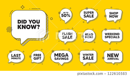 Offer speech bubble icons. Did you know tag. Special offer question sign. Interesting facts symbol. Did you know chat offer. Speech bubble discount banner. Text box balloon. Vector 122610383