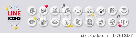 Waterproof, Computer cables and Safe water line icons. White buttons 3d icons. Pack of Coronavirus report, Money currency, Qr code icon. Vector 122610387