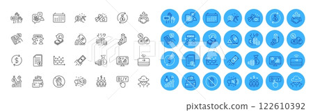 Loyalty gift, Corrupt and Coins bag line icons pack. Salary, Difficult stress, Deflation web icon. Deal, Currency exchange, Sale megaphone pictogram. Bitcoin mining, Credit card, Bid offer. Vector 122610392