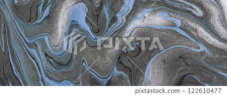 Abstract fluid art background dark gray and silver colors. Liquid marble. Acrylic painting with blue lines and gradient. Abstract fluid art background dark gray and silver colors. Liquid marble. Acrylic painting with blue lines and gradient. 122610477